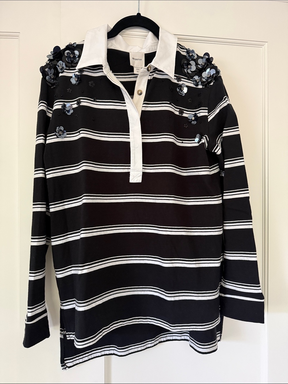 Maeve Striped Black & White Sequin Polo Top